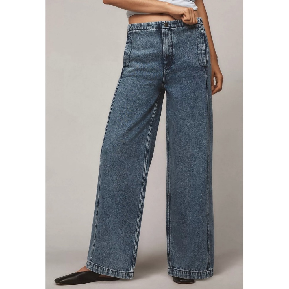 Pilcro Pull-On High-Rise Wide-Leg Track Jeans 30T Blue Denim Anthropologie Boho